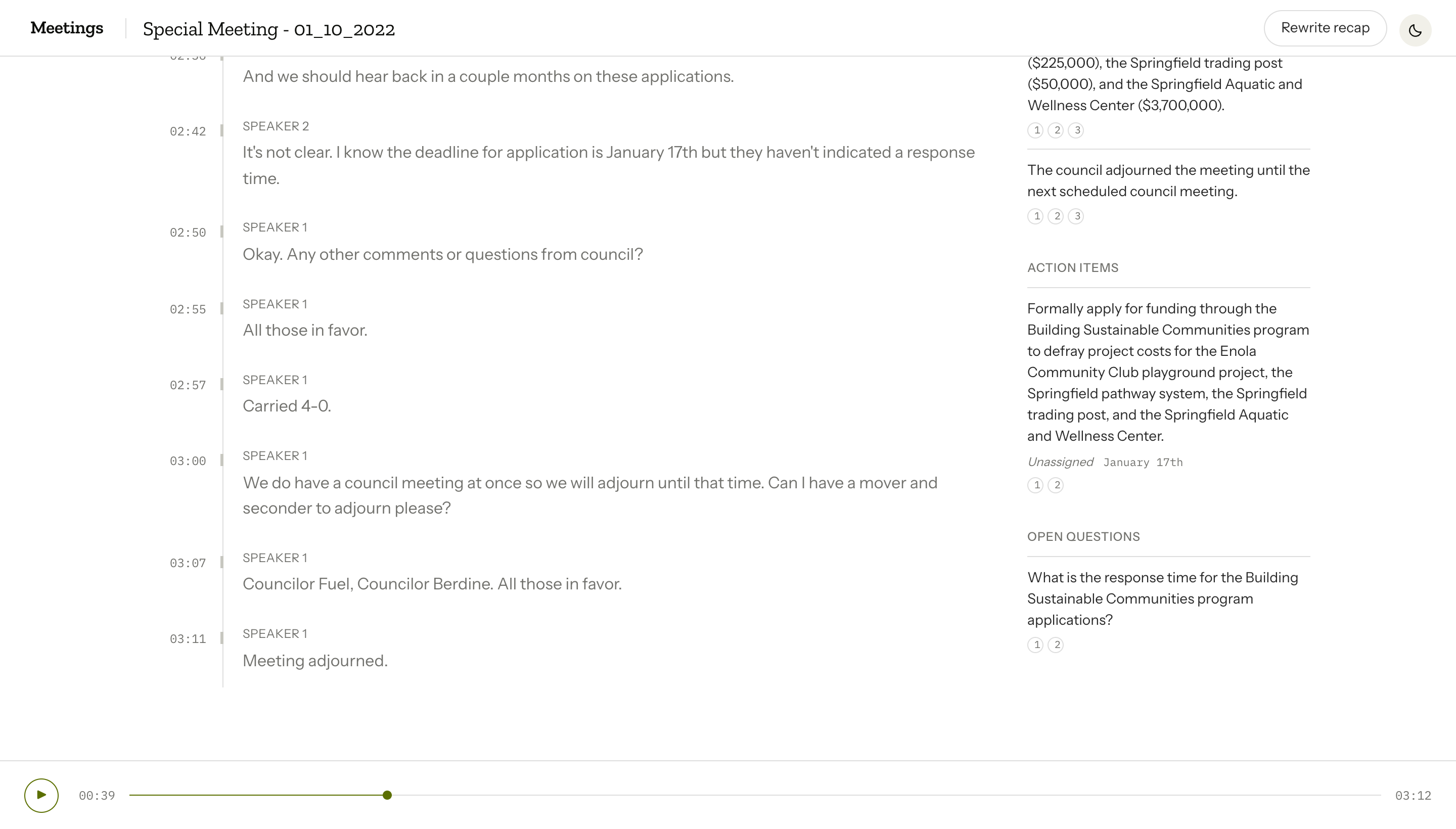 Recap panel showing decisions, action items, and open questions with numbered citations linking back to transcript segments