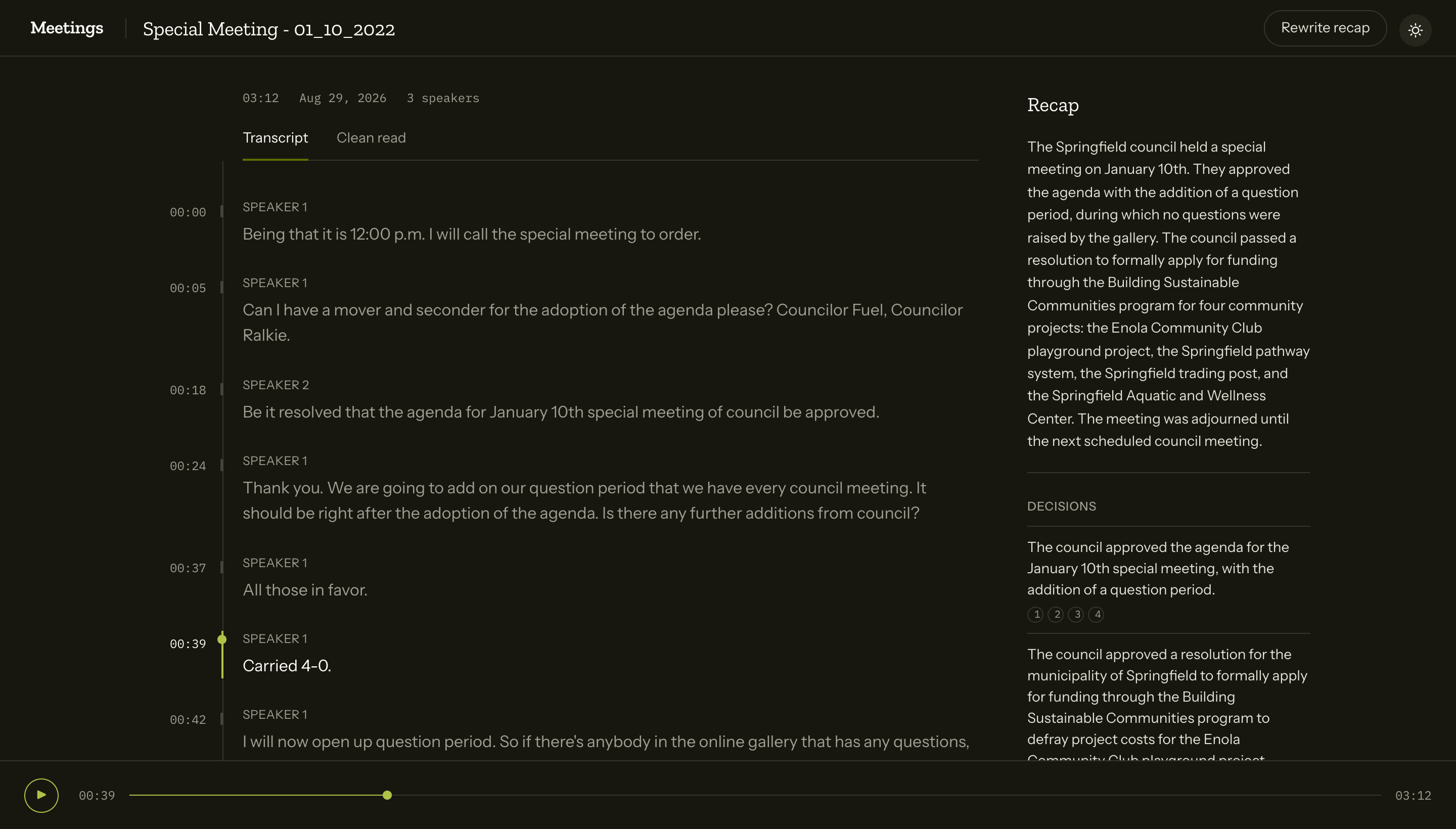 Transcript view showing speaker-labeled segments with timestamps in dark theme
