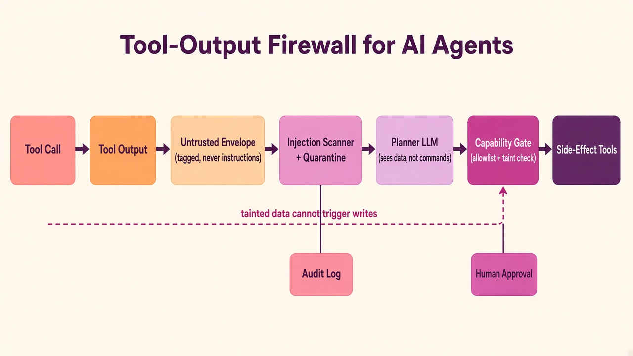 Tool-output firewall architecture: untrusted envelope wraps external content, scanner quarantines suspicious payloads, taint tracking propagates distrust through the plan, and capability gate enforces side-effect controls